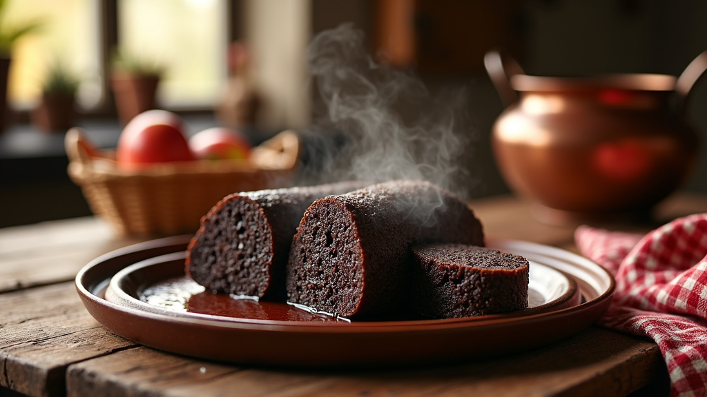 Boudin noir de Mortagne au Perche présenté sur une planche de charcuterie avec des oignons et du pain