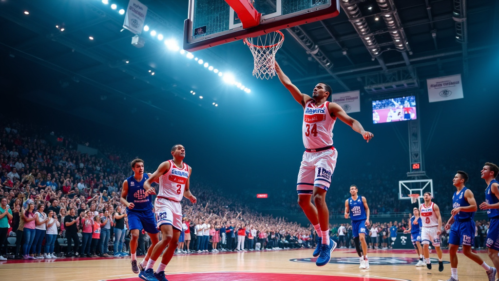 Photo d'équipe du Caen Basket Calvados célébrant une victoire sur le terrain avec leurs supporters