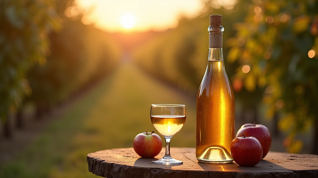 Verre de Calvados dans un décor normand avec des pommes et des fûts de chêne