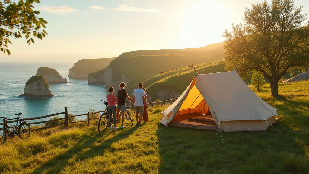 Camping en bord de mer dans le Calvados avec tentes et mobil-homes au coucher du soleil