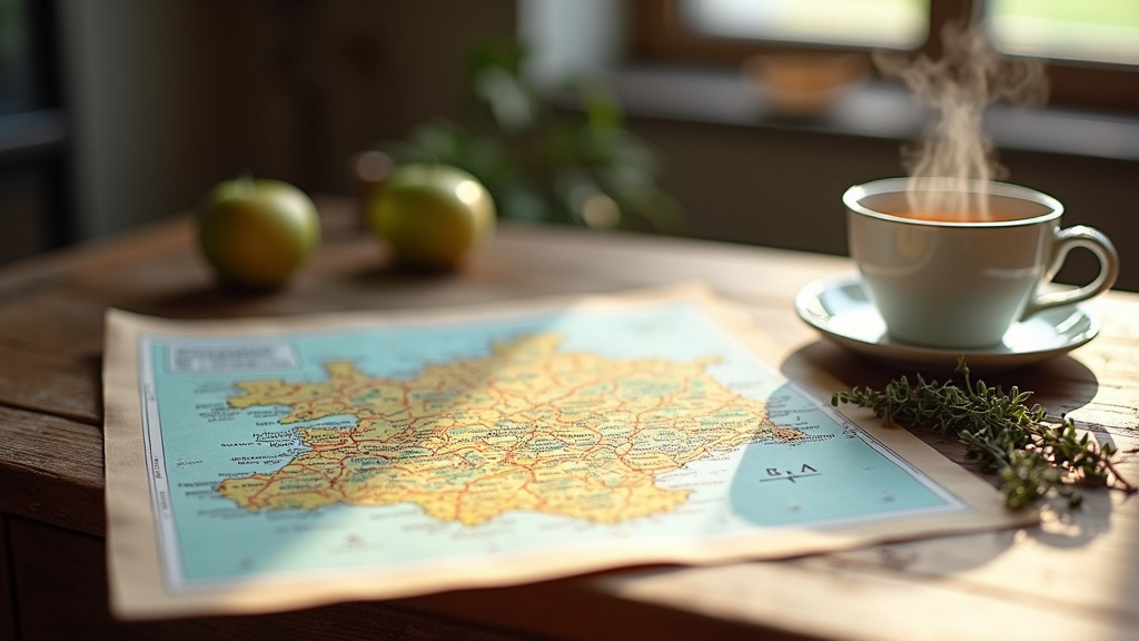 Vue aérienne du Calvados avec des champs verts, des villages et la côte, illustrant la diversité du département