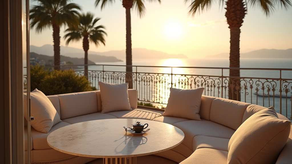 Intérieur d'un appartement de luxe à Cannes avec vue sur la baie, décoré avec goût pour la location saisonnière