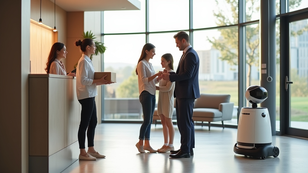Concierge professionnel aidant un client dans un espace moderne
