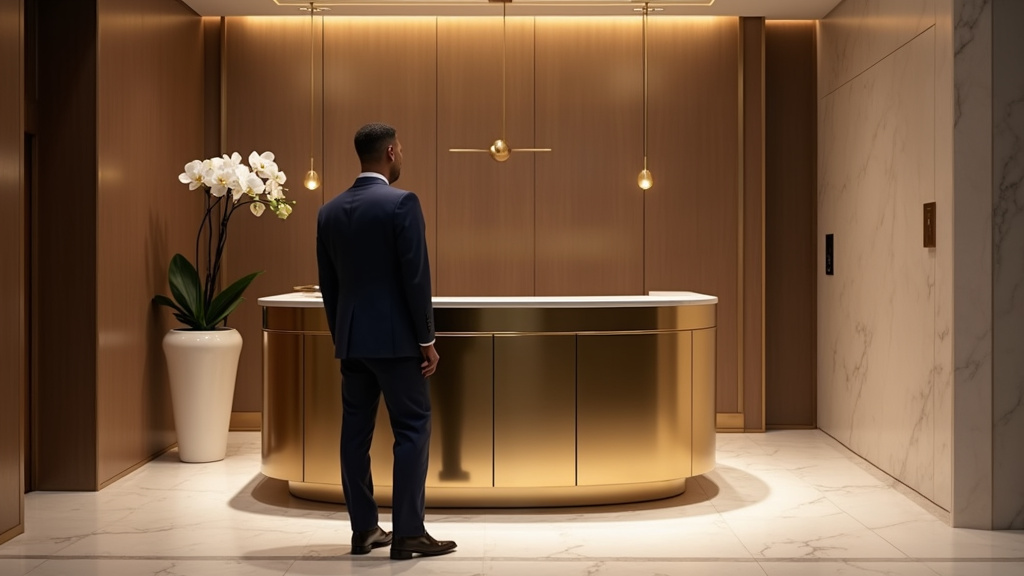Équipe de conciergerie de luxe travaillant dans un bureau moderne avec écrans et outils numériques