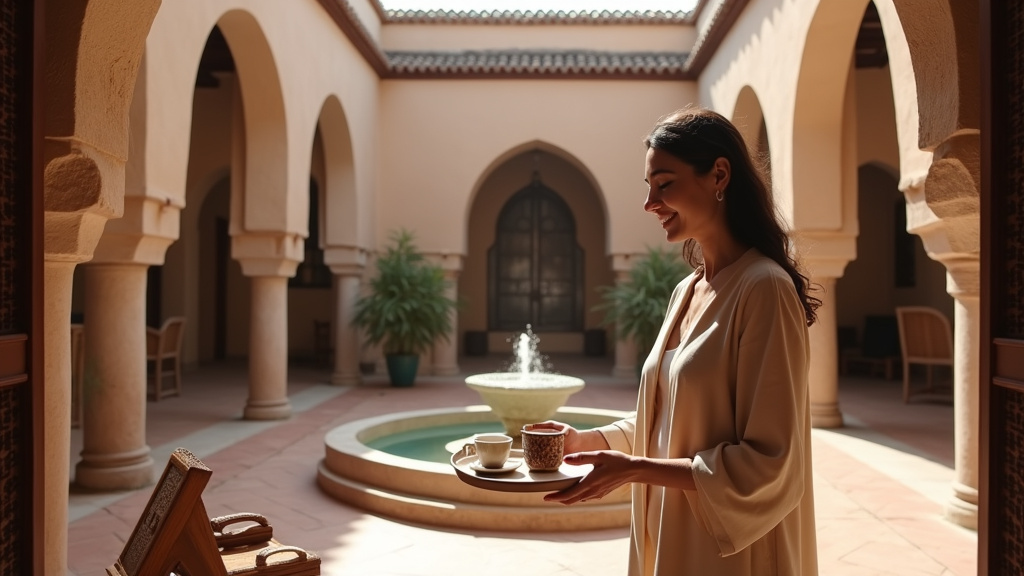 Concierge marocain accueillant des voyageurs dans un riad traditionnel