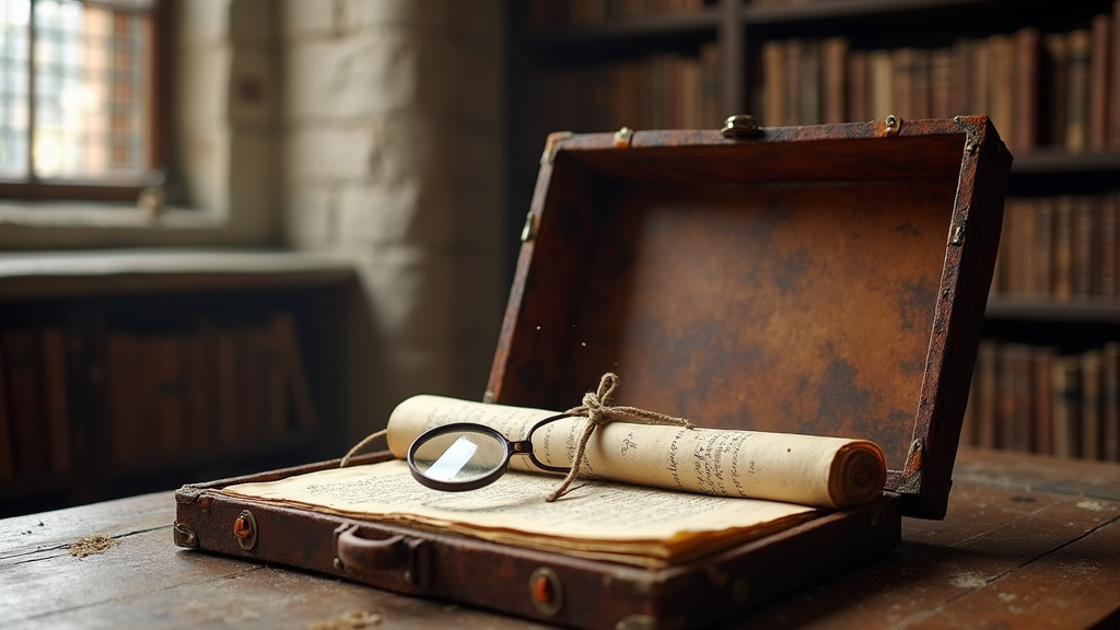 Gros plan sur un registre ancien ouvert montrant des écritures manuscrites anciennes, avec une loupe posée dessus