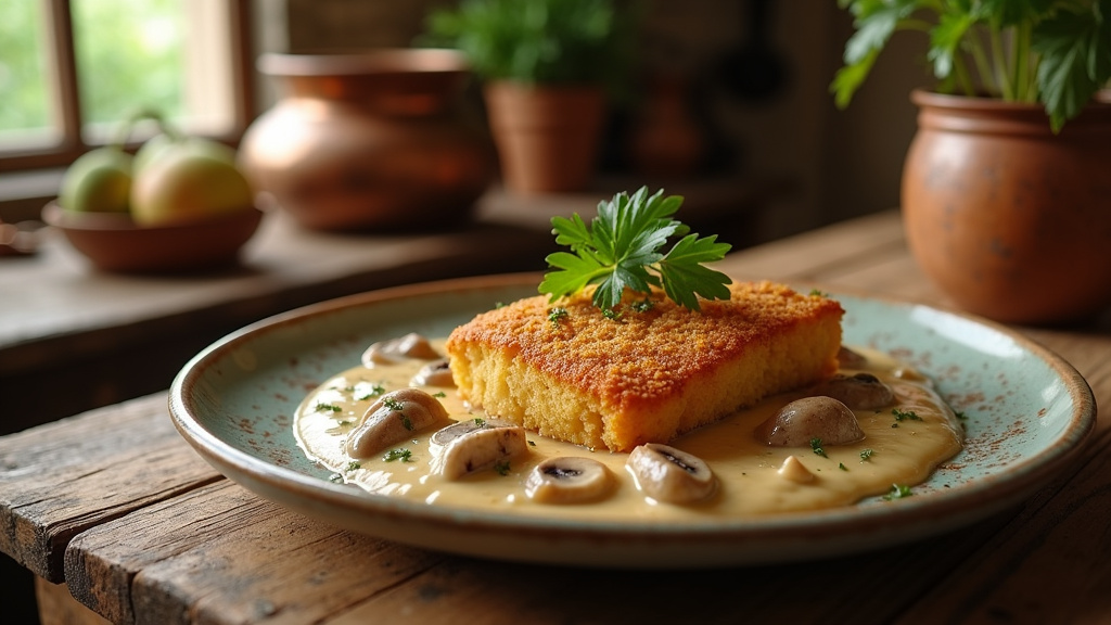 Escalope à la normande avec sa sauce crémeuse et ses champignons sur un plat en terre cuite