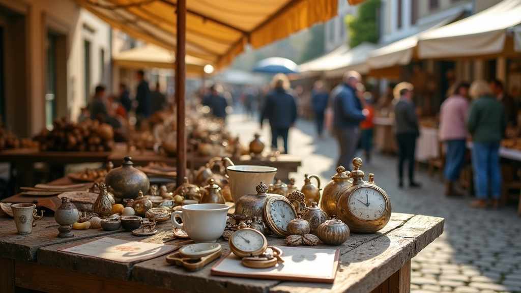Visiteurs parcourant les stands d'une grande brocante en automne dans le Calvados