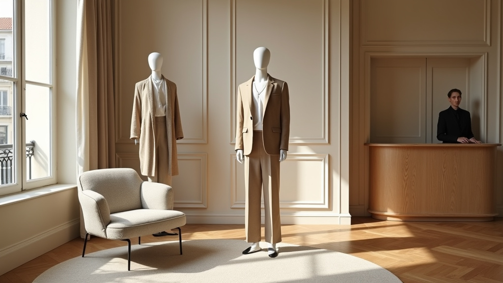 Intérieur du Grand Appartement Sézane avec son ameublement vintage et ses vêtements exposés comme dans un appartement