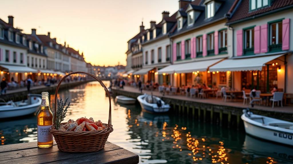 Le vieux bassin d'Honfleur au coucher du soleil, avec ses maisons à ardoises reflétées dans l'eau