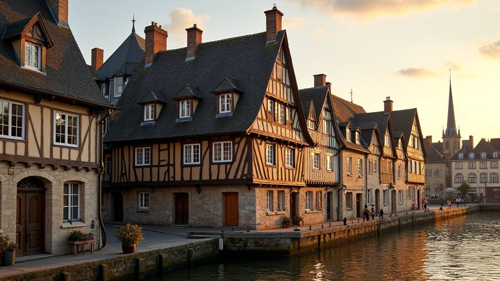 Les hautes maisons à ardoises du quai Sainte-Catherine se reflétant dans l'eau du vieux bassin de Honfleur
