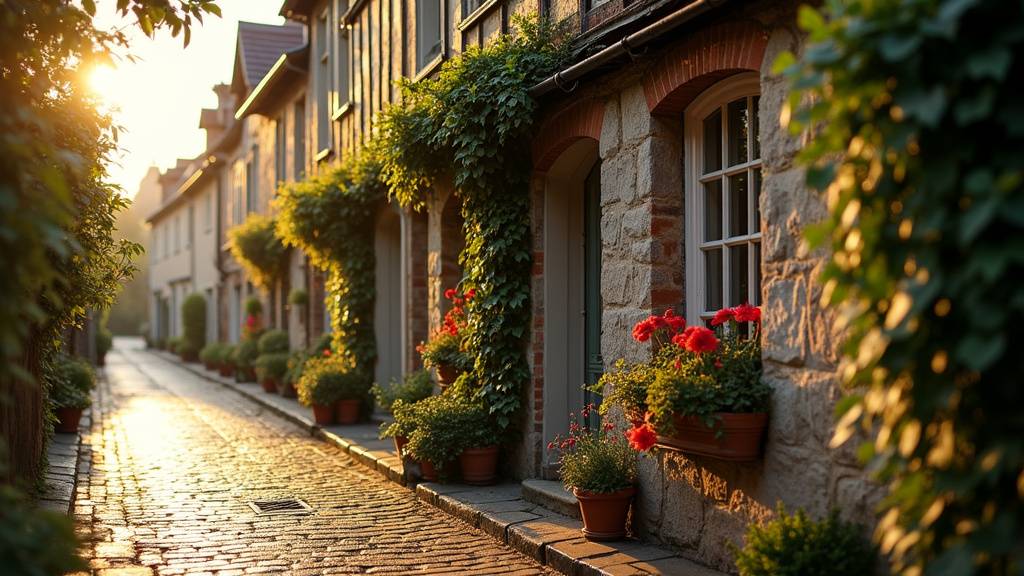 Maison normande à colombages typique de Honfleur, volets verts et jardin fleuri