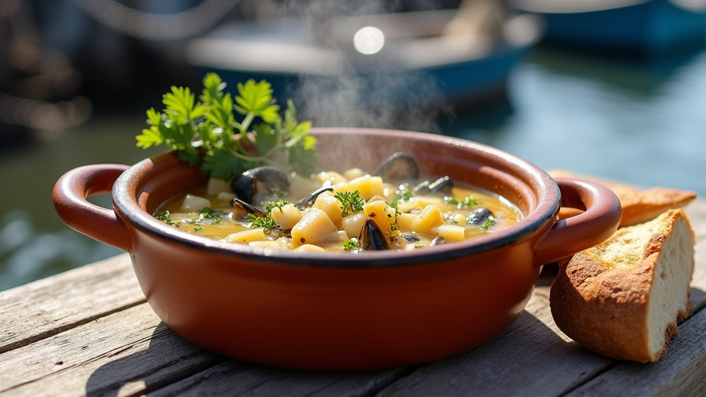 Marmite Dieppoise traditionnelle servie dans une marmite en terre cuite avec poissons et fruits de mer