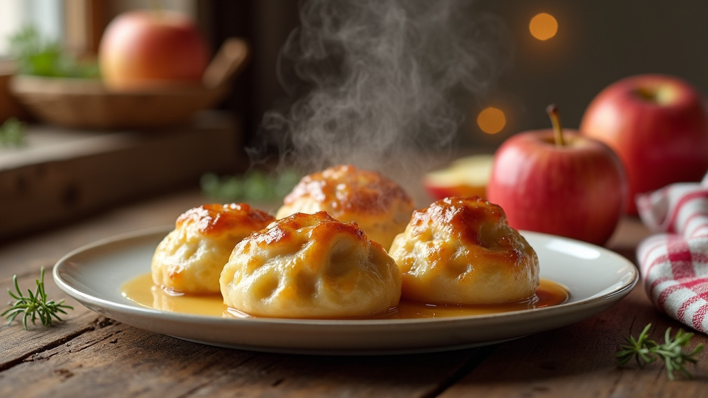 Un douillon aux pommes fraîchement cuit, doré et croustillant, posé sur un plat en bois