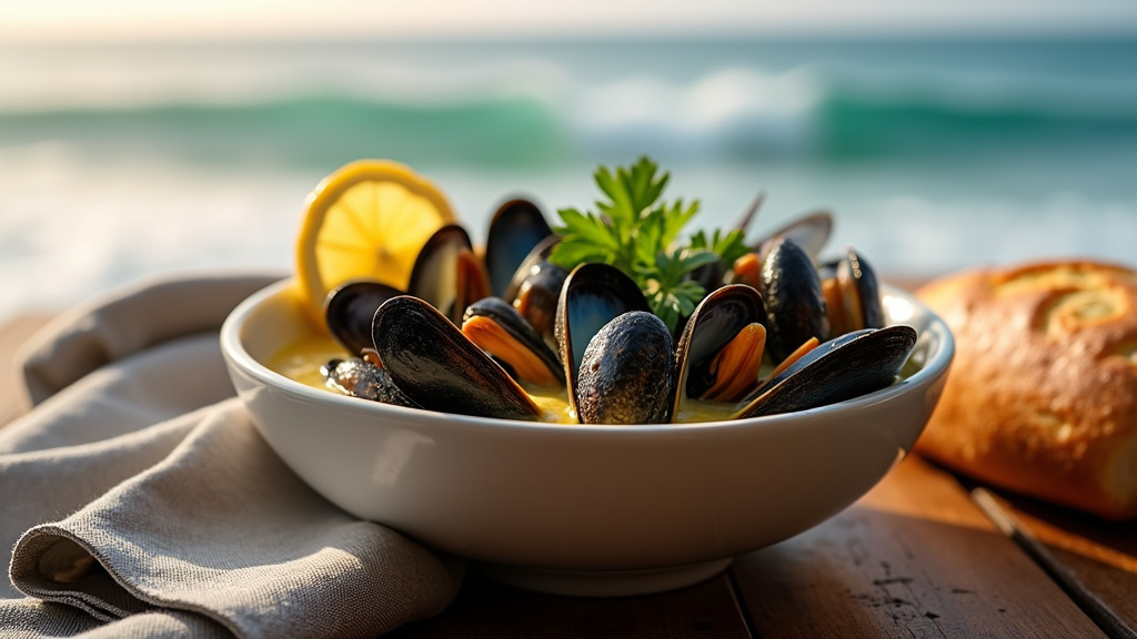 Assiette de moules à la crème servies avec des frites croustillantes et une tranche de pain pour saucer