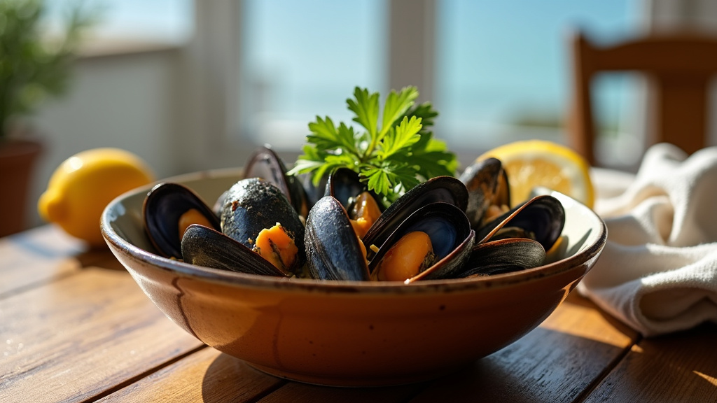 Plat de moules à la crème nappées d'une sauce onctueuse, accompagnées de frites croustillantes
