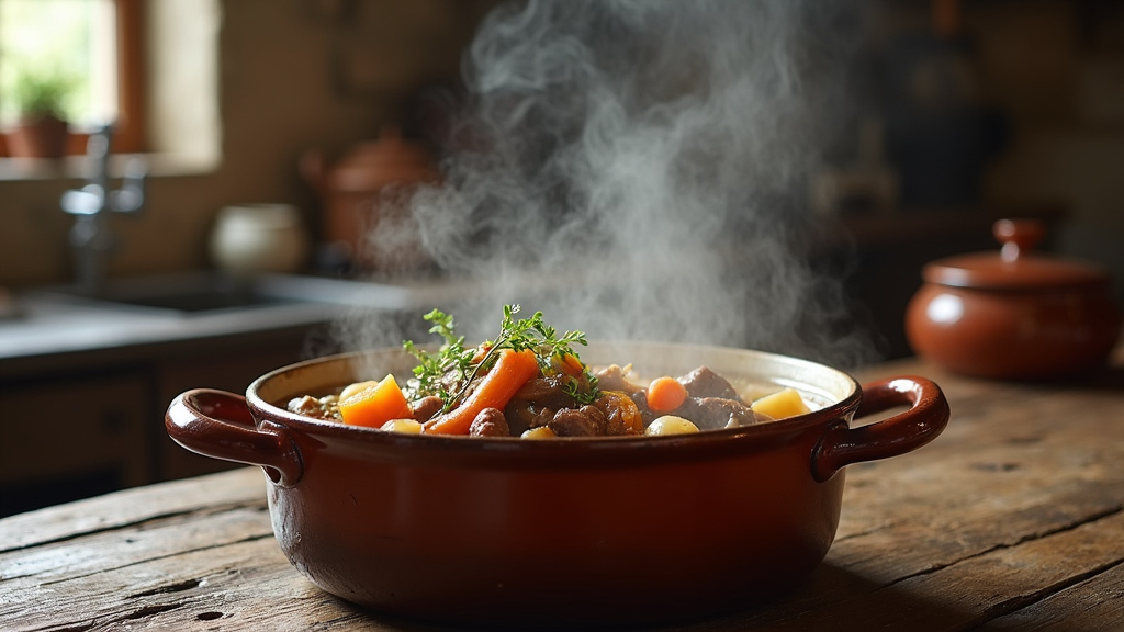 Cocotte en fonte contenant les tripes mijotant lentement avec légumes et cidre