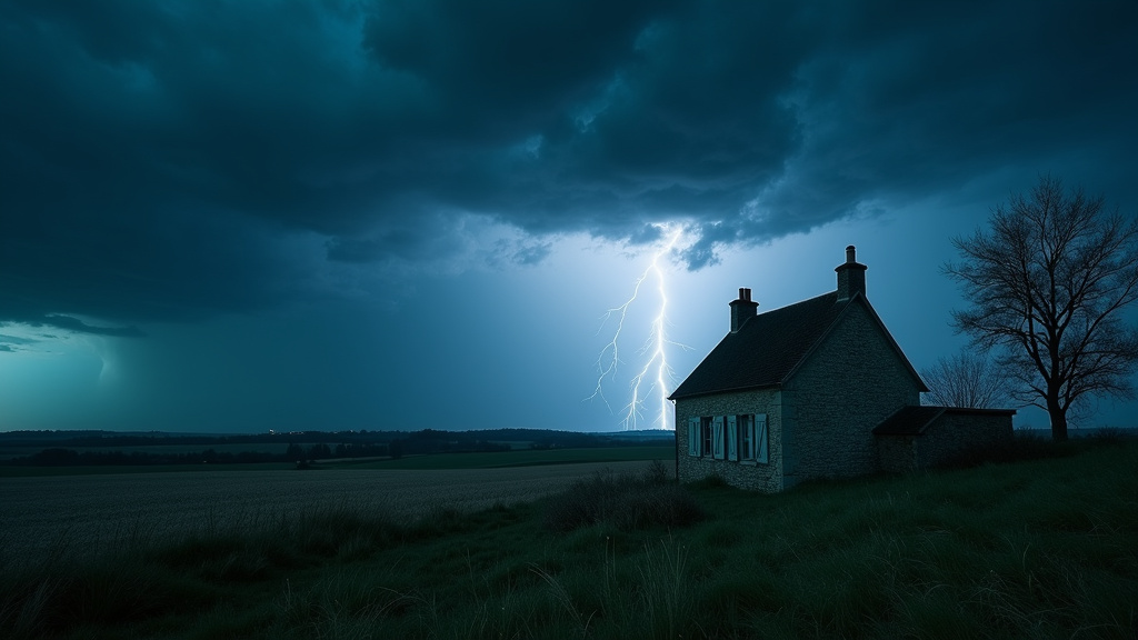 Arbre tombé après un orage violent dans le Calvados, bloquant une route de campagne