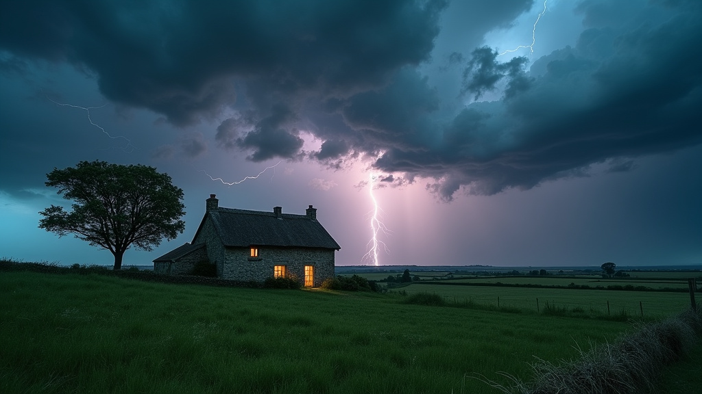Orage violent dans le Calvados avec éclair illuminant le ciel sombre