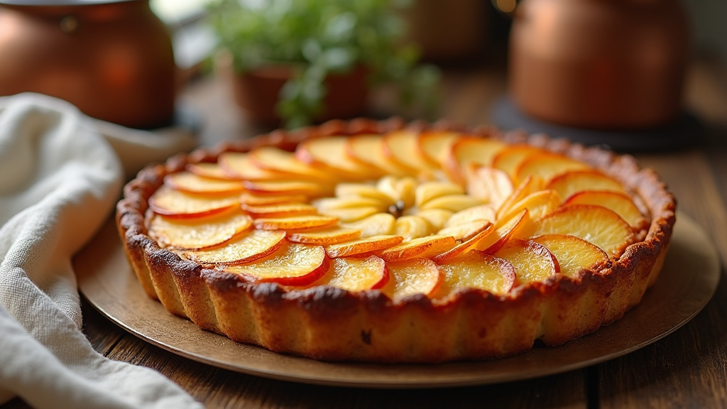 Détail de la garniture crémeuse d'une tarte normande aux pommes, avec des amandes effilées sur le dessus