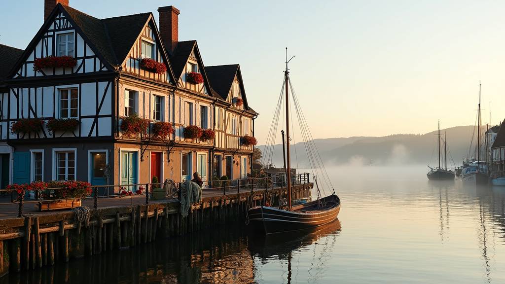 Le Vieux-Bassin de Honfleur au coucher de soleil, maisons à colombages reflétées dans l'eau