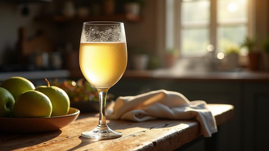 Service traditionnel du trou normand avec un verre de Calvados et des pommes