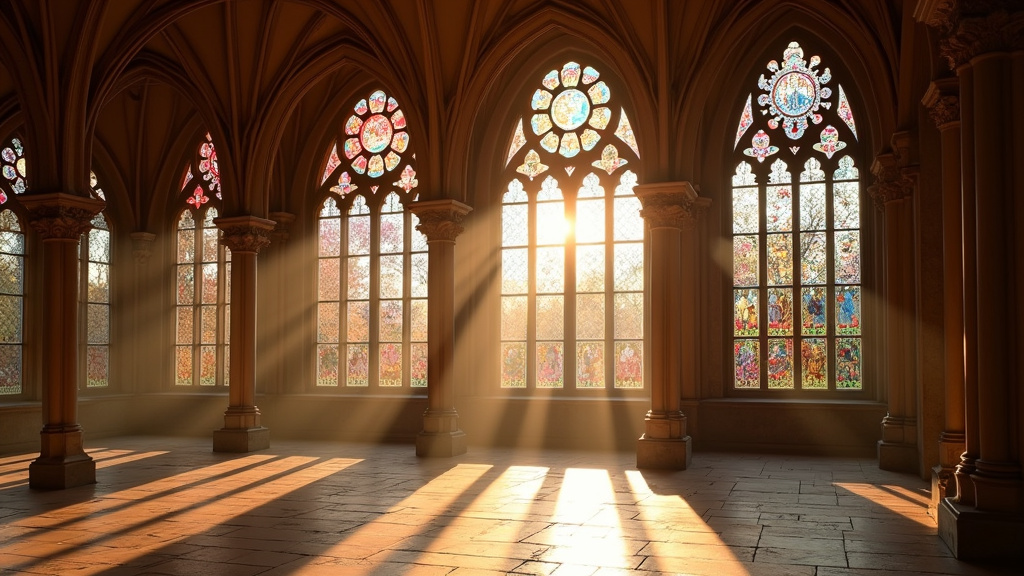 Vue intérieure de la Sainte-Chapelle avec les vitraux colorés illuminés par la lumière du soleil